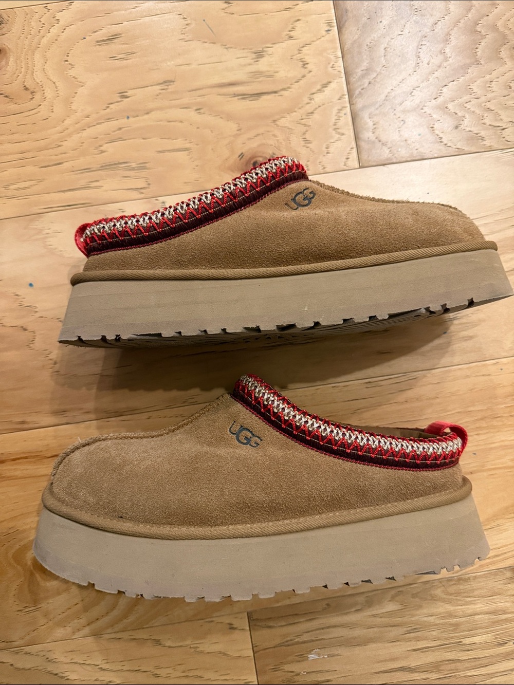 UGG Chestnut Suede Slip-On Clogs with Red Trim